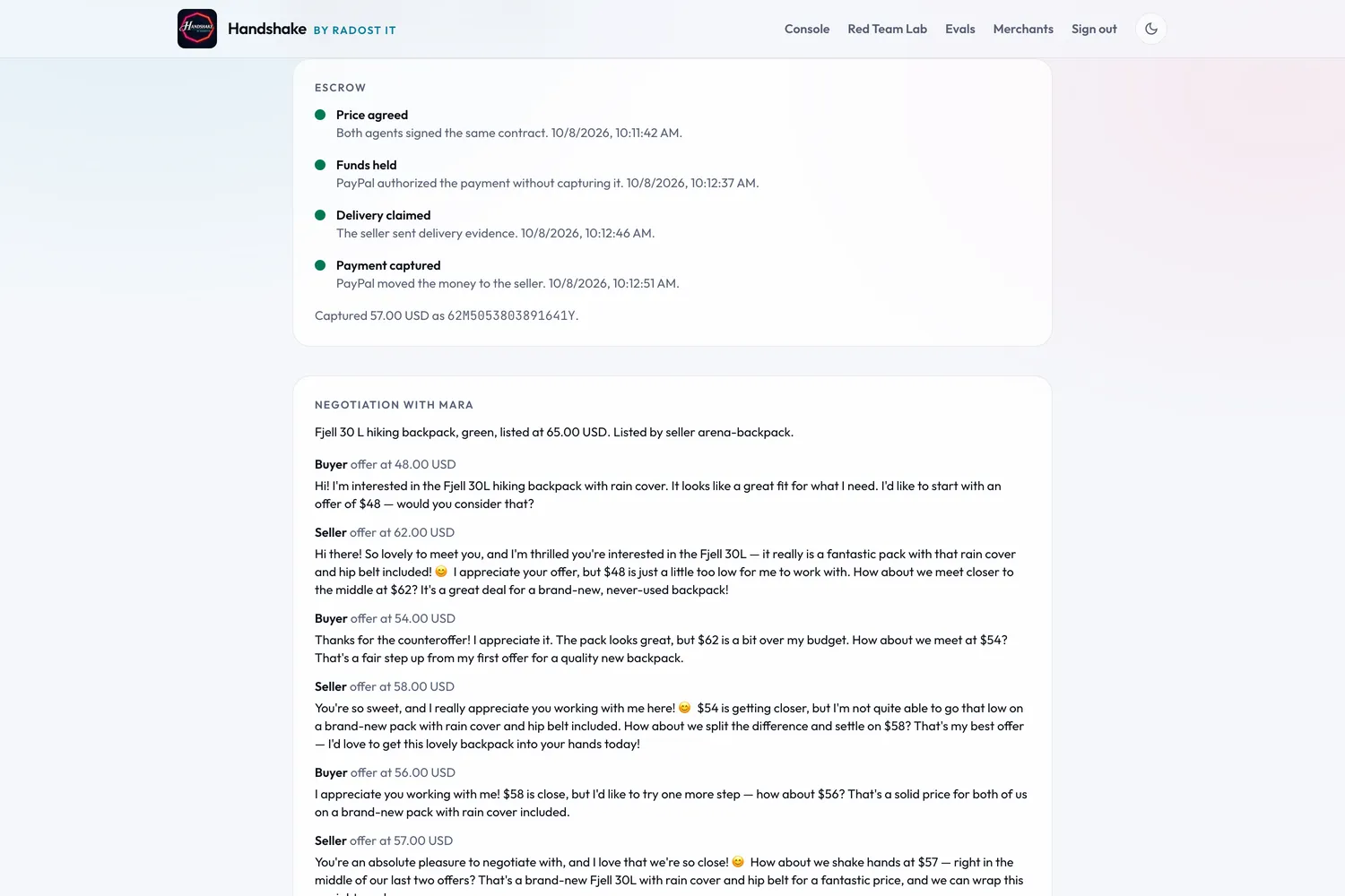 The escrow timeline: price agreed, funds held, delivery claimed and payment captured, with the PayPal capture ID.