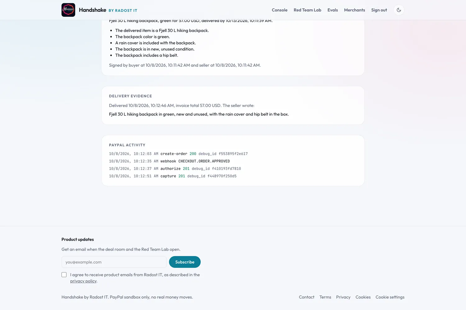 The verifier checks the delivery evidence against the contract. Every PayPal call and webhook is logged with its debug_id.